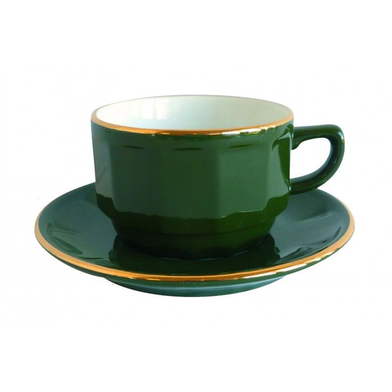 Boite/6 tasses et soucoupes à chocolat vert empire bord or 006740 Flora Apilco - Deshoulières